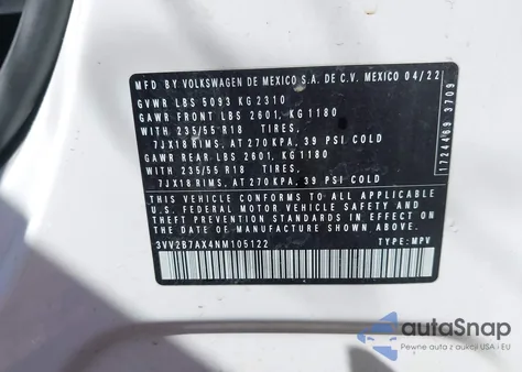 2022 Volkswagen Tiguan 2.0T Se z USA, uszkodzony, nr VIN 3VV2B7AX4NM105122